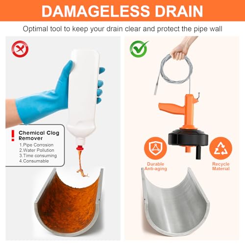 Drain Snake, Auto Feed Plumbing Snake with Drill Adaptor, 25 Feet Drain Auger Tool Set Included Drain Clog Remover, Hair Clog Remover ＆ Cleaning Brush for Kitchen, Bathroom and Shower Sink with Gloves