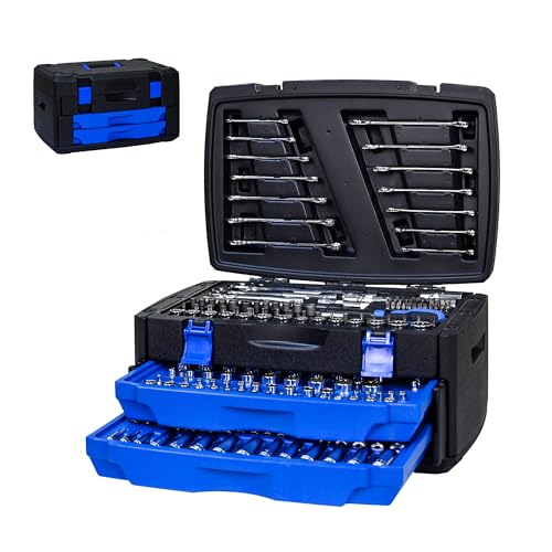 266PCS Tool Set, Socket Ratchet Wrench Tool Kit with Portable Drawer Tool Box, Complete Tool Box Set Hand Tool Set with Storage Case, Mechanic Tool Set for Home Auto Repair Garage DIY - color: 266pcs - Black&blue