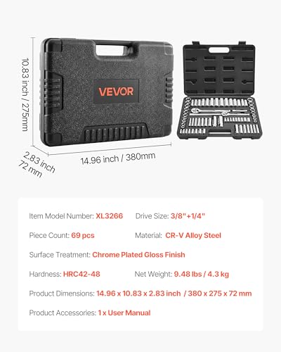 VEVOR Socket Set, 69 Pieces, 3/8 & 1/4 inch Drive Socket and Ratchet Set, SAE and Metric, Deep and Standard, Mechanic Tool Kit with Accessories and Storage Case, CR-V Alloy Steel, for Auto Repair - size: 69-PCS, style: 69 PCS