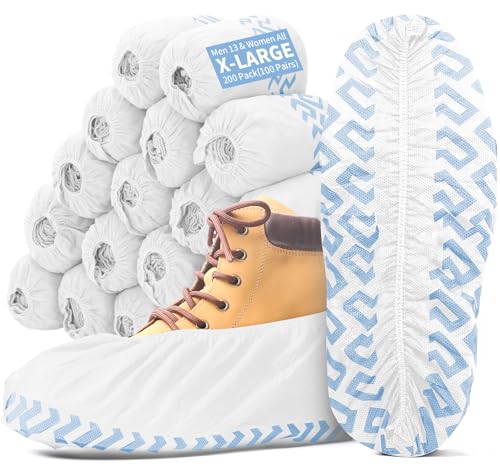 X-Large Shoe Covers Disposable Non-Slip, Non-Woven Fabric Boot Covers, Stretchable Fits Up to Size 13 US Men (White, 200 Pack) - color: White, size: 200 Pack