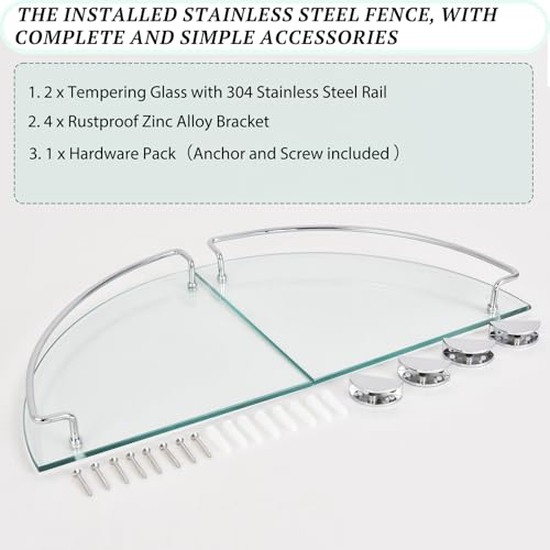 2 Ties Glass Corner Shelf with SUS 304 Stainless Steel Rail Chrome Finished, Esquinero para baños, Rustproof Tempered Glass Shelf, Shower Caddy Organizer 9.5" x 9.5" - size: 2 PACK With Rail