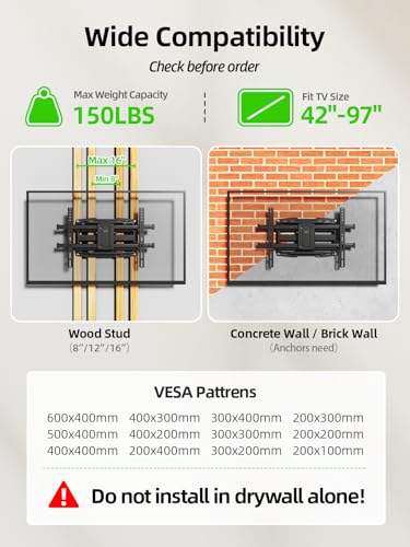 USX MOUNT Full Motion TV Wall Mount for 42-97 Inch TVs up to 150lbs, Swivel and Tilt Wall Mount TV Barcket with Extension, Max VESA 600x400mm & 16" Wood Studs，Fit Most 75 85 86 90 95 inch TVs - size: 42-97 inch