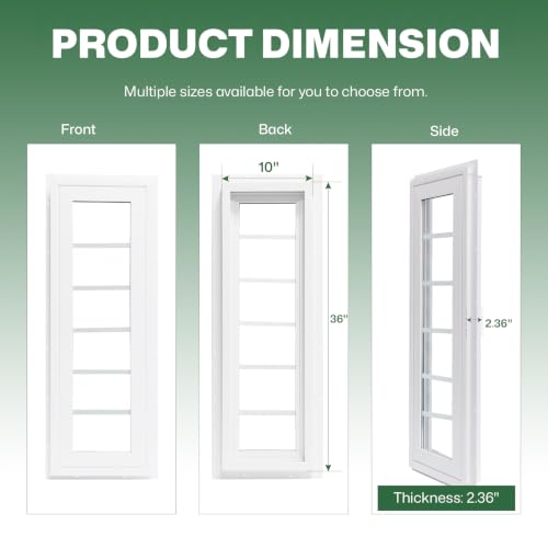 NeatiEase Vinyl Transom Window, 10" x 36" Fixed Glass Household Windows with Grids and Dual-pane Tempered Glass for House, Shed, Doors, Garage, Chicken Coop, Basement (White) - size: 10"x36"