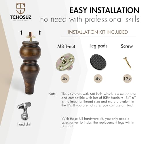 8 inch Solid Wood Furniture Spool Legs with M8 Bolts 4PCS Glaze - color: Glaze, size: 8"/20cm