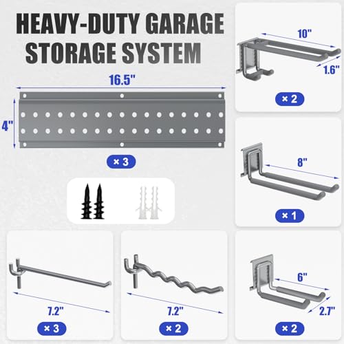 Garage Tool Organizer Wall Mount 49.5 inches with 10 Adjustable Heavy-Duty Hooks, Garage Organization, Garden Tool Storage Rack, Yard, and Shed, Holds Up to 400 lbs (Grey) - size: 49.5" | 3 Panels + 10 Hooks