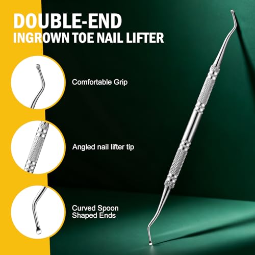 FVION Toenail File for Thick Nails and Toenail Lifter, 2pcs Stainless Steel Nail File and Ingrown Relief Set, Heavy Duty Metal Emery Board for Seniors, Men & Women Pedicure Tool (Green) - color: Green Handle