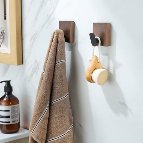 DELITON Adhesive Towel Hooks,Wall Hooks for bathrooms Without Drilling, Wood Wall Hooks for Hanging Robe, Towel, Bag Stick on Farmhouse Bathroom Bedroom Entryway 4 Packs Burned Brown - color: Dark Brown