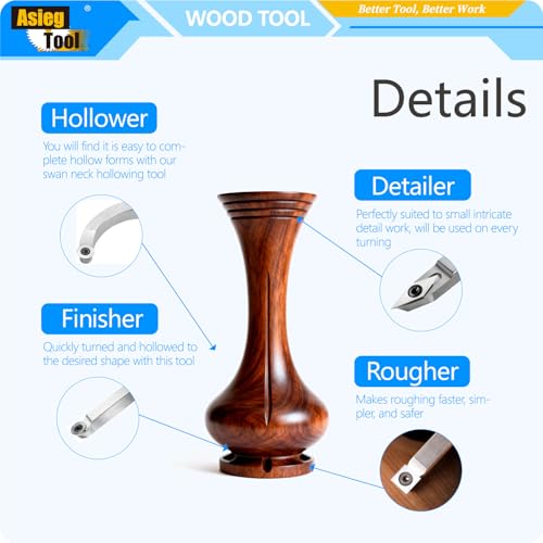 4pcs Mini Carbide Tipped Wood Lathe Turning tools Combo set Rougher Detailer Finisher Hollower with Wood Handle and Diamond Round Square Carbide Inserts