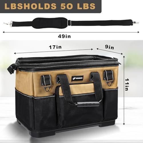 17 IN Large Tool Bag For Men Heavy Duty, Drill Bag Tool Bag Organizer, Wide Mouth Waterproof Hard Bottom Multiple Pockets Tool Tote, Tool Caddy, Maintenance - size: 17 Inch