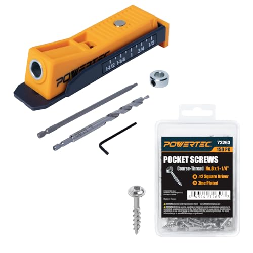POWERTEC 72498 Single Pocket Hole Jig Kit for Woodworking - with Drill Bit, Driver Bit, Hex Key, Stop Collar and 150 PK Pocket Hole Screws, Maxi-Loc Head, #2 Square Drive, 1-1/4" Coarse Thread - style: SinglePocket Hole Jig w/ 1-1/4" Screws (150PK)