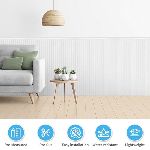 Art3d Beadboard Wainscoting Wall Panel Kit, 37.8 x 9.84 Inch, Matte White | 12-Piece Panels + 4 Edge Trims, 31 Sq.Ft. Coverage, Lightweight, Water-Resistant, Easy to Trim, for Living Room, Bedroom - color: Matte White