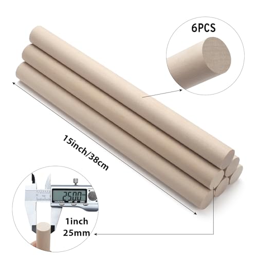 Wooden Dowel Rods Wood Dowels for Crafts, 6 PCS 1 x 15 Round Wooden Sticks for Crafts, Thick Macrame Dowels, Unfinished Hard Wood Sticks for Crafting, Arts and DIYers, Closets and Wedding - size: 1"×15"-6PCS