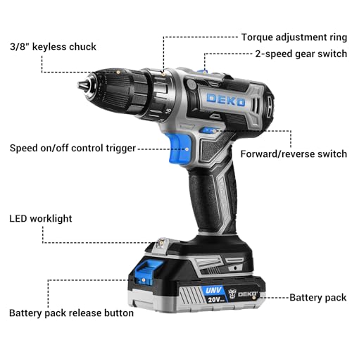 Power Drill Cordless: DEKO PRO Cordless Drill 20V Electric Power Drill Set Tool for Women Drills with Battery and Charger 20 Volt Drills Driver Kit Blue - color: Blue