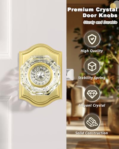Gobrico Privacy Door Lock Sets Crystal Knobs Heavy Duty Door Hardware,Keyless Bath/Bed Door Knobset with Lock Inside,Push Pin Button,Satin Brass/Gold Arched Rosette,5 Pack - color: Satin Brass