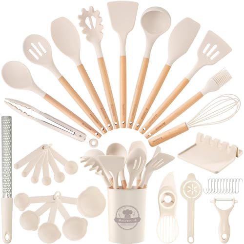 Astercook Kitchen Utensils set, 39 PCS Silicone Cooking Utensils Set with Wooden Handle, 446°F Heat Resistant Food Grade Utensil Sets, BPA Free Kitchen Gadgets Tools Set for Nonstick Cookware (Cream) - color: Cream