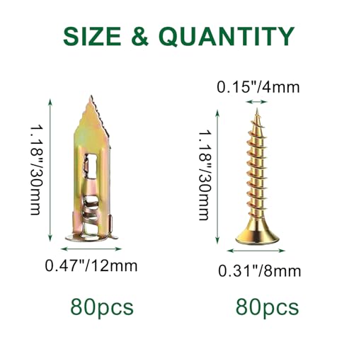 160 PCS Self Drilling Drywall Anchors with Screws 2025 Upgraded Zinc Plated Steel Hollow Wall Anchors(0.47X1.18inch) and Screws, Easy Application No Drill or Holes in Wall - color: 0.47"x1.18"-160PCS