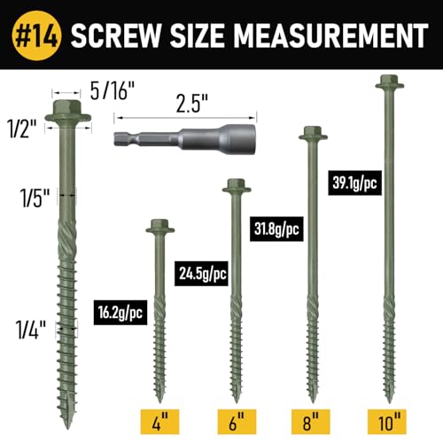 [Pack of 50] #14 x 6 Wood Structural Screws, Green Coated Heavy Duty Hex Head Timber/Log/Landscaping Wood Screws, Rust Resistant, Hex Socket Included - color: Green, size: #14 x 6"