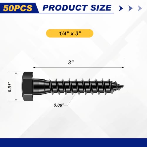 Zonon 50 Pcs 1/4" X 3" Hex Head Lag Bolts Screws with Washers, Black - color: Black, size: 1/4" X 3"