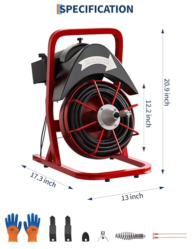 Garvee Drain Cleaner Machine, 75 Ft x 1/2 Inch Steel Core Cable, Portable 370 W Electric with Sewer Auger, Cutter, Air-Activated Foot Switch, for Commercial, Home