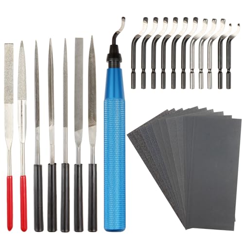 29-Piece Deburring Tool Set – 11 HSS Blades, 7 Needle Files, 10 Sandpapers, Metal Handle – for Metal, Wood, 3D Prints, PVC Deburring & Reaming