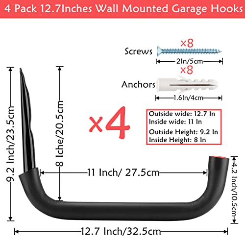 12.7 Inch Heavy Duty Large Tool Hanger, 4 Pack Wall Mounted Garage Storage Hooks, Indoor Outdoor Organizer Rack Load Capacity 50lbs - size: 12.7in-4 Pack