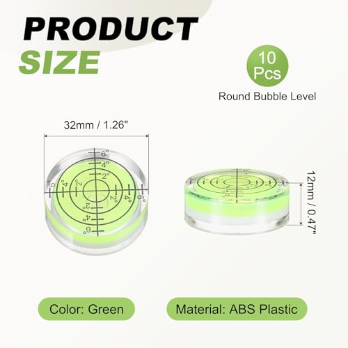 PATIKIL 10pcs Round Bubble Level 32x12mm Mini Circular Bullseye Spirit Levels Measuring Layout Tools for Leveling Camera Tripod Telescope Workshop Turntable Pictures Frame, Green - size: 32x12mm