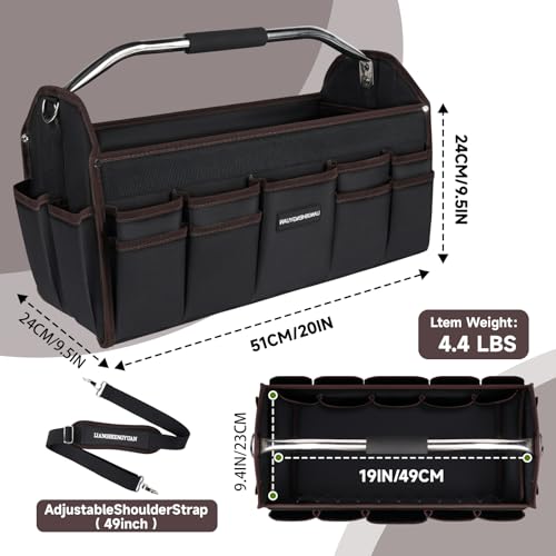 20 In Tool Carrier, Open Top Tool Tote 30 Pockets, Waterproof Tool Bag For Men, Foldable Wide Mouth Electricians Tool Bag, With Stainless Steel Handle and Removable Shoulder Strap - size: 20IN