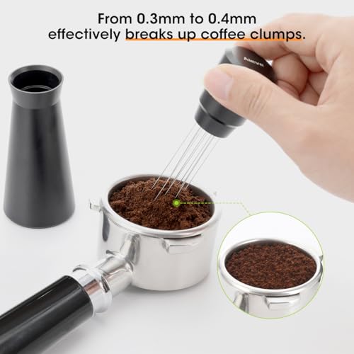 Aieve WDT Tool Espresso, Metal Distribution Tool with 10 x 0.4mm Stainless Steel Needles Espresso Stirrer, Coffee Distributor Aluminum Alloy Handle & Stand with 10 Extra needle - color: Metal Black