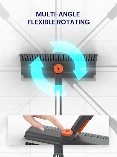 Floor Scrub Brush with Long Handle & Squeegee, 3 in 1 Floor Scrubber - color: Gray