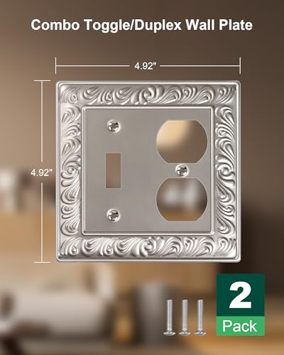 2-Pack Paisley Pattern Metal Combo Toggle/Duplex Light Switch Cover Plate | Decorative Wall Outlet Cover Plate, 2 Gang Metal Wall Plates for Electrical Outlets, Light Switch, Satin Nickel - color: Satin Nickel, size: 1 Toggle/1 Duplex 2PK