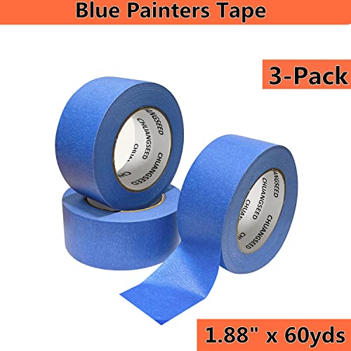 CHUANGSEED 3-Pack Blue Painters Tape 1.88 Inches x 60 Yards Blue Masking Tape Bulk - Sharp Edge Line Technology, Produces Sharp Lines Residue-Free and Artisan Grade Wall Trim Tape - color: Blue