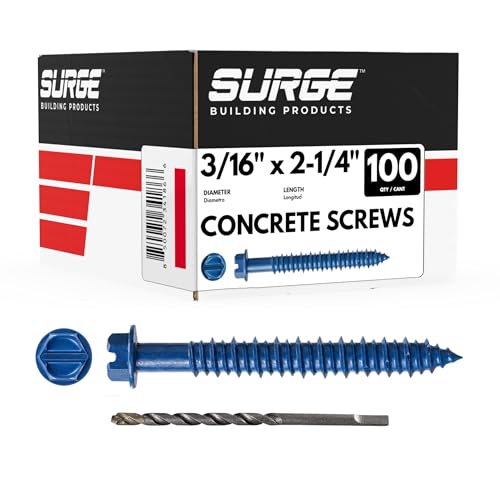 3/16" x 2-1/4" Hex Head Blue Concrete Screws with Drill Bit (Box of 100) - size: 3/16" x 2-1/4"