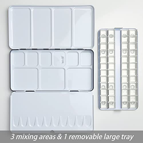 FCLUB Watercolor Palette, 48 Wells and 3 Mixing Areas - Empty Half Pans Watercolor Palette with Lid, Folding Paint Tray - style: Tin with 48 Transparent Half Pans