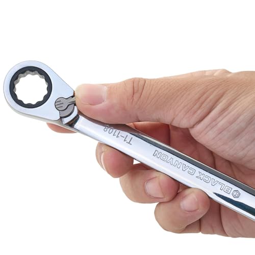 BLACK CANYON 9/16 Inch Ratchet Combination Wrench, 12-Point Box End & Hex Opening, Polished Steel Ratcheting Wrench with SAE & Metric Sizes - size: 9/16 Inch, style: Inch