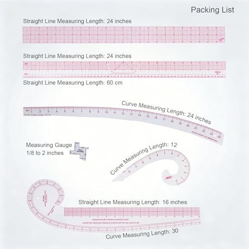 Sewing Rulers,Clear Metric French Curve Sewing Rulers Set for Pattern Making Drafting,Quilting,Clear Plastic Fashion Designer Ruler Kit in Inches， 6PCS - color: 6-piece Set