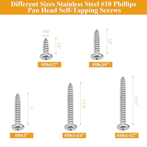 105 Pieces #10 x 1/2" 3/4" 1" 1-1/4" 1-1/2" Wood Screws Set, Phillips Pan Head #10 Self-Tapping Screws Assortment Kit, 304 Stainless Steel - size: #10, style: Phillips Pan Head