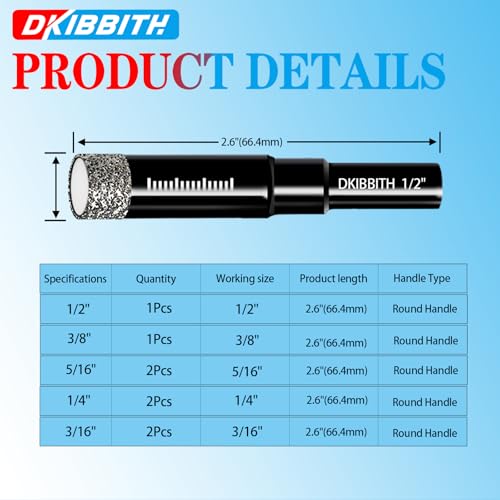 8 Pack Diamond Drill Bits Set for Granite Ceramic Marble Tile Stone Glass Hard Materials, Integrated Coolant for Fast Dry Drilling, Size 3/16 1/4 5/16 3/8 1/2 inch Masonry Core Drill Bits, Round Shank - size: 8 Pcs Diamond Bits