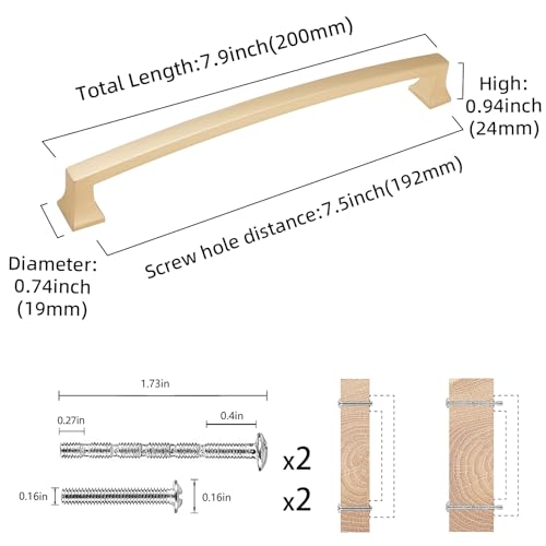 COTYKILEY 10 Pack 7.5 Inch(192mm) Brushed Brass Cabinet Handles Gold Kitchen Cabinet Pulls Cabinet Door Handles Kitchen Cabinet Hardware Cupboard Drawer Pulls Dresser Handles - color: Brushed Brass, size: 7.5" Hole Center（192MM）