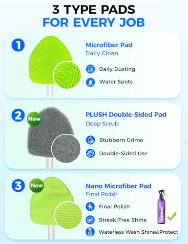 XINDELL Interior Windshield Cleaner Tool – Car Interior Window Cleaning Kit with Extendable Handle & 4 Microfiber Pads, Auto Wiper Inside Compact Windshield Brush for Car & Home Windows - size: 19in