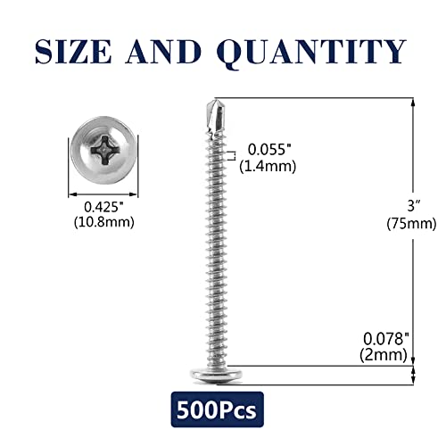 #8 x 3 Sheet Metal Screws 500PCS 410 Stainless Steel Truss Head Fast Self Tapping Screws by SG TZH - color: Silver, size: #8 x 3"
