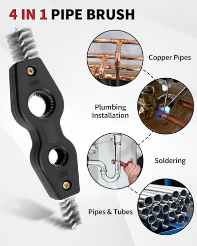 4-in-1 Copper Pipe Cleaner, Fits 1/2", 5/8", 3/4" & 7/8" Pipes, Stainless Steel Inner & Outer Thread Brush for Plumbing, Brazing, Soldering - color: Black