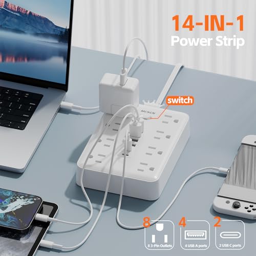 Power Strip 10ft Cord 8 Outlet 6 USB Surge Protector Flat Plug White - size: 10 feet