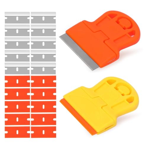 2 Pack Razor Blade Scraper Plastic Razor Blade Scraper Scraper Tool with Extra 10 Plastic Razor Blades and 10 Metal Blades for Adhesive Remover Removing Labels Stickers Taping on Glass Windows
