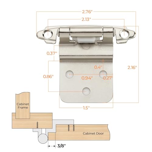 Brushed Nickel Cabinet Hinges, 3/8 Inch Inset, 4 Pack(2Pairs) - color: Satin Nickel