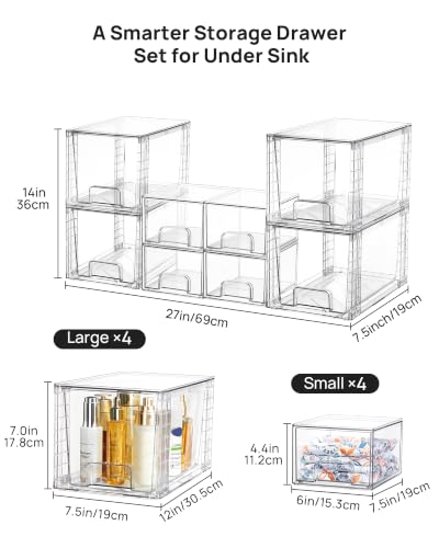 Vtopmart 8 Pack Clear Pull-Out Under Sink Organizer Set (4 Large & 4 Small) - style: 4 Large+4 Small