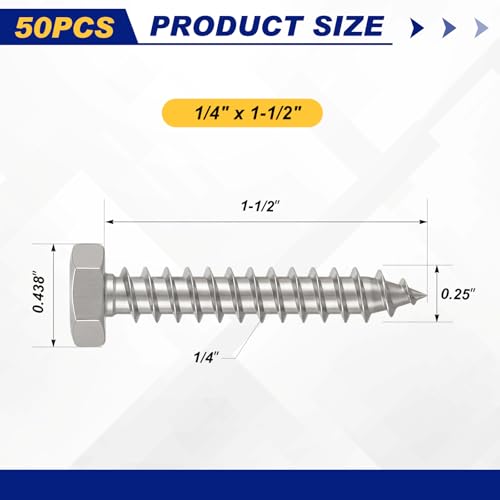 Zonon 50 Pcs 1/4" x 1-1/2" Hex Lag Bolts 304 Stainless Steel Silver Lag Screws 50 Screws and 50 Washers Industrial/Commercial Grade - color: Silver, size: 1/4" X 1-1/2"