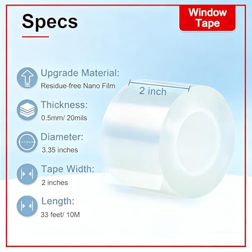 Window Sealing Tape 2 Inch x 33 FT Transparent Window Draft Insulation Residue-Free Clear Weather Stripping Caulk Tape Windproof Weatherproof Window Seal AC Units for Window Glass, Doors Gaps - size: 2 IN - 33 Ft Clear