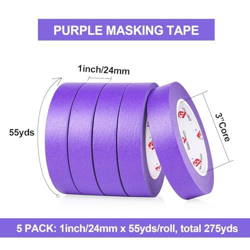 BOMEI PACK Purple Painters Tape 1 Inch Bulk - Paint Tape 5 Rolls x 1 Inch x 55 Yards - Purple Masking Tape for Walls Painting, DIY Crafting, and School Projects, Total 275 Yards - color: Purple