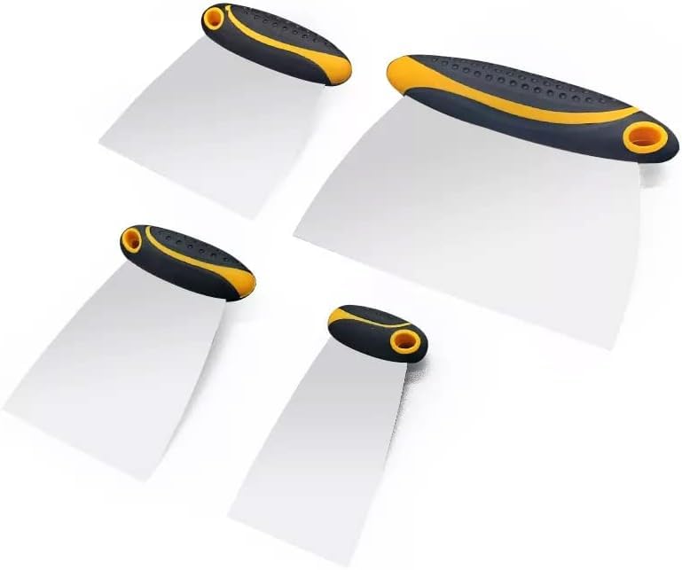 4-Piece Set of Stainless Steel Body Filler and Putty Spreaders/Scraper Set with Handles - Sizes: 2", 3", 4" and 6" | Repairing Drywall, Removing Wallpaper, Applying Putty, Plaster, Cement, Adhesive