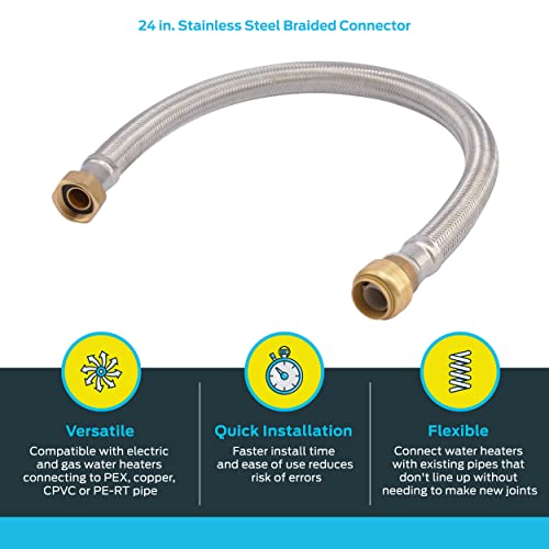 SharkBite 3/4 Inch x 3/4 Inch FIP x 24 Inch Stainless Steel Braided Flexible Water Heater Connector, Push To Connect Brass Plumbing Fitting, PEX Pipe, Copper, CPVC, PE-RT, HDPE, U3088FLEX24LF - size: 24 in, style: SharkBite